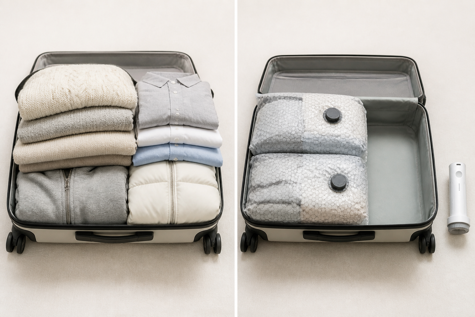 Vacuum bags arranged inside carry-on luggage
